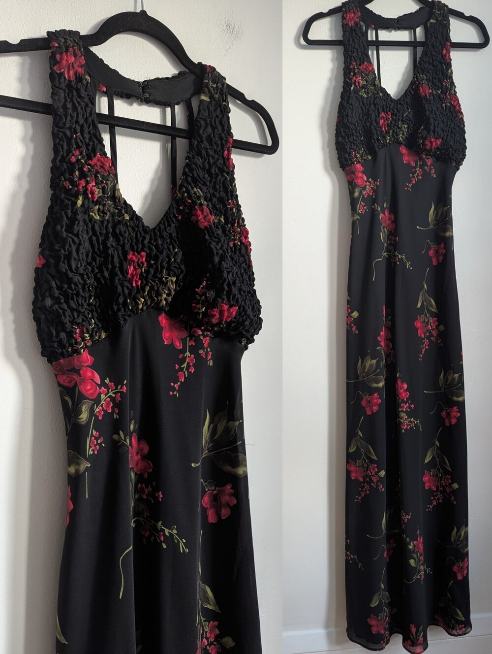 Betsy & Adam Y2K Full Length Smocked Black Floral Halter Dress Whimsigoth 14